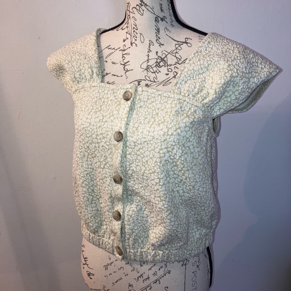 Madewell Floral Jacquard Knit Green Button Front Top Cap Sleeve Floral Blouse - Picture 15 of 17